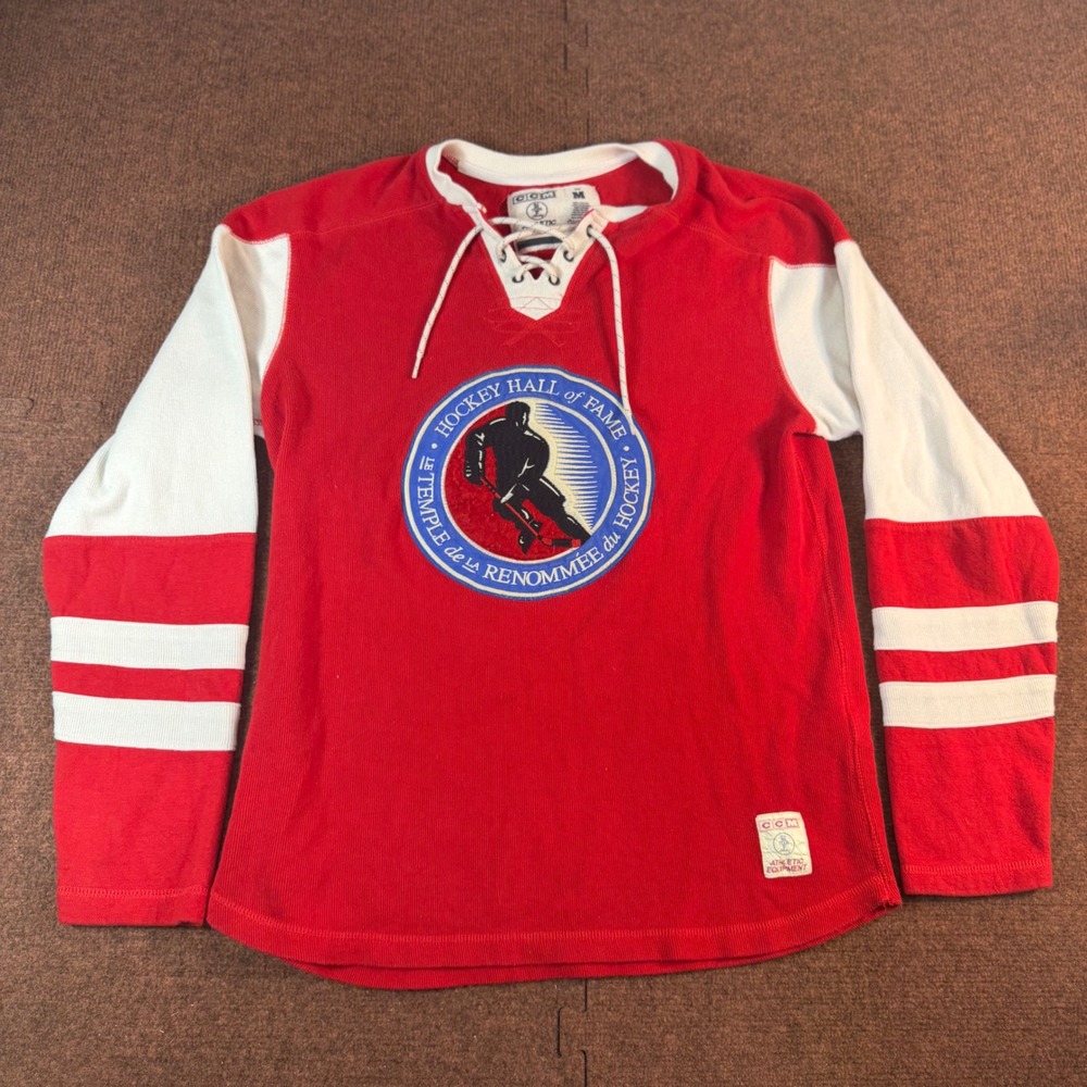 CCM Hockey Hall of Fame Lace Up Jersey Shirt Mens Medium Red White Cotton 2860